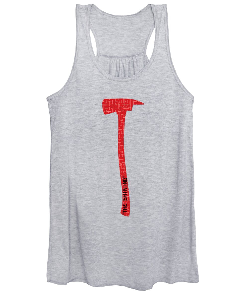 Women’s tank top with red axe graphic, scoop neck and racerback, light gray