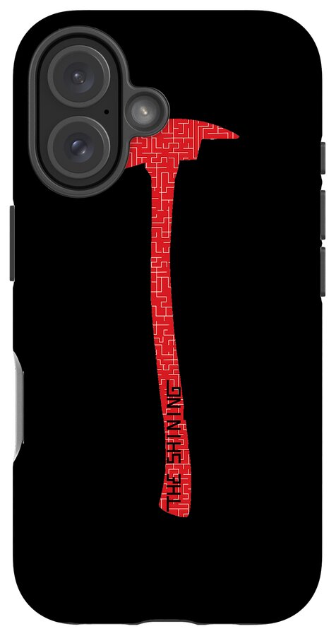 Black phone case with red axe graphic and triple-lens camera cutout on top left