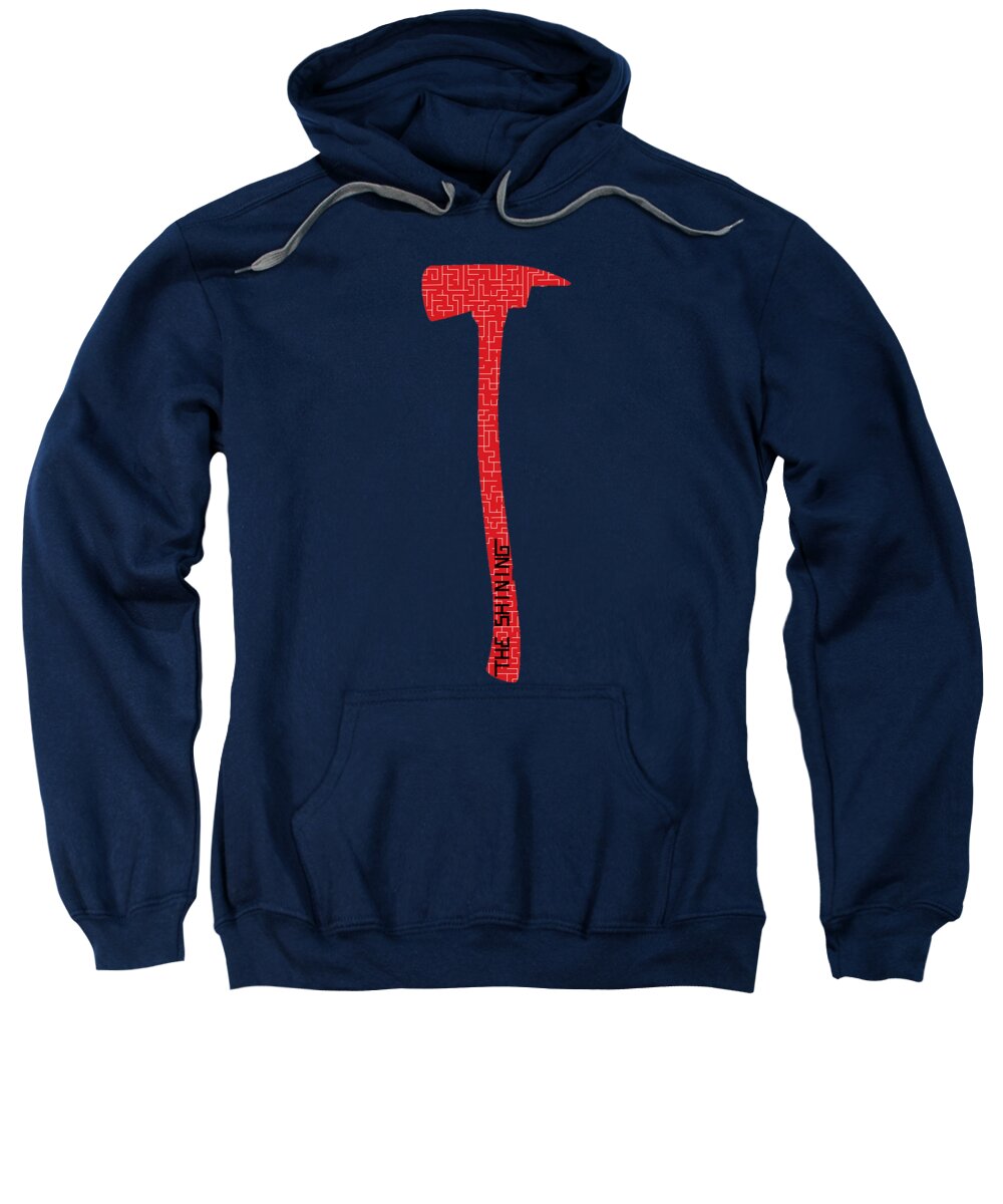 Navy hoodie sweatshirt with red axe graphic and front kangaroo pocket