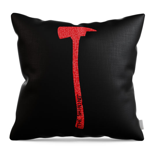 Throw pillow cover in black with red axe-shaped T design and small vertical text