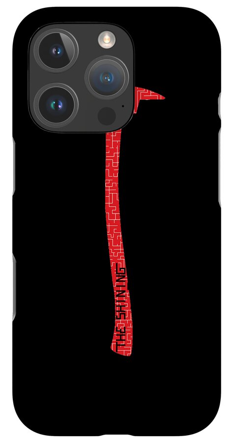 Black phone case with red axe graphic and quad-lens camera cutout on top left