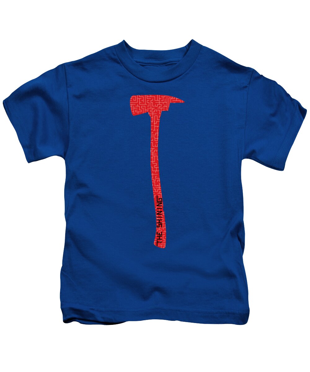 Kids' Shining Axe T-shirt, blue with vertical axe logo graphic