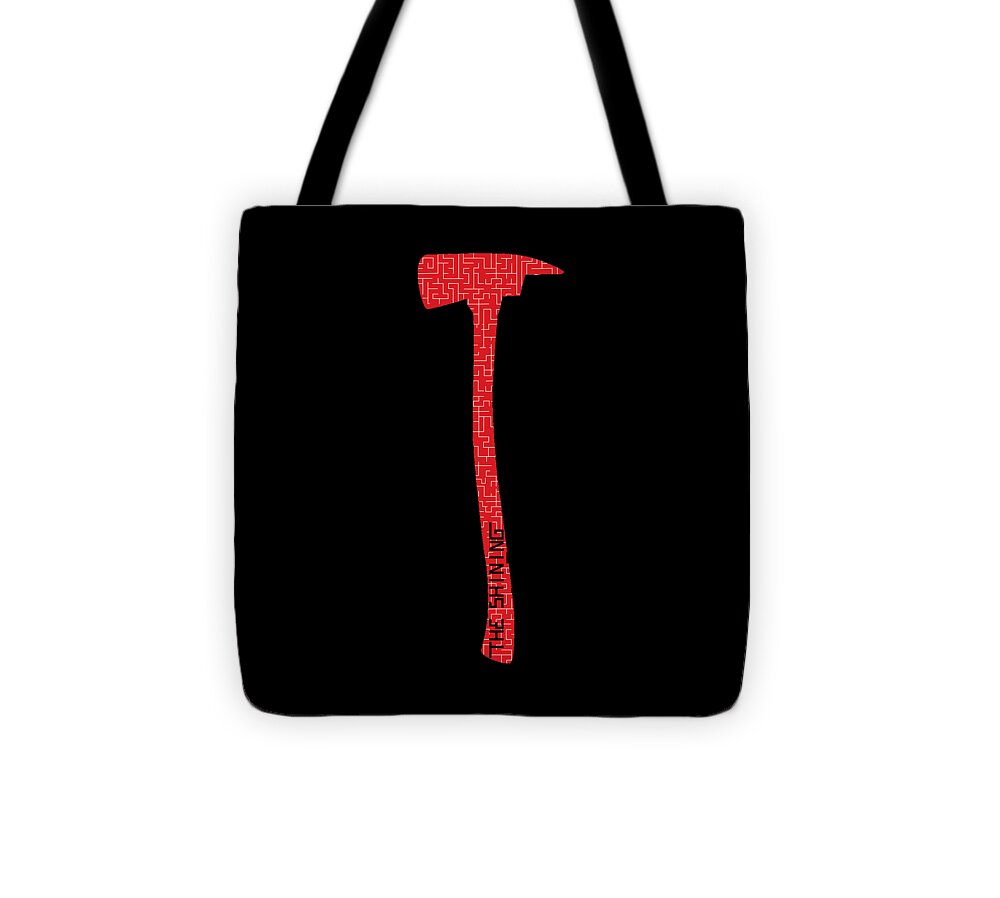 Black tote bag with red axe graphic on front panel, two top handles