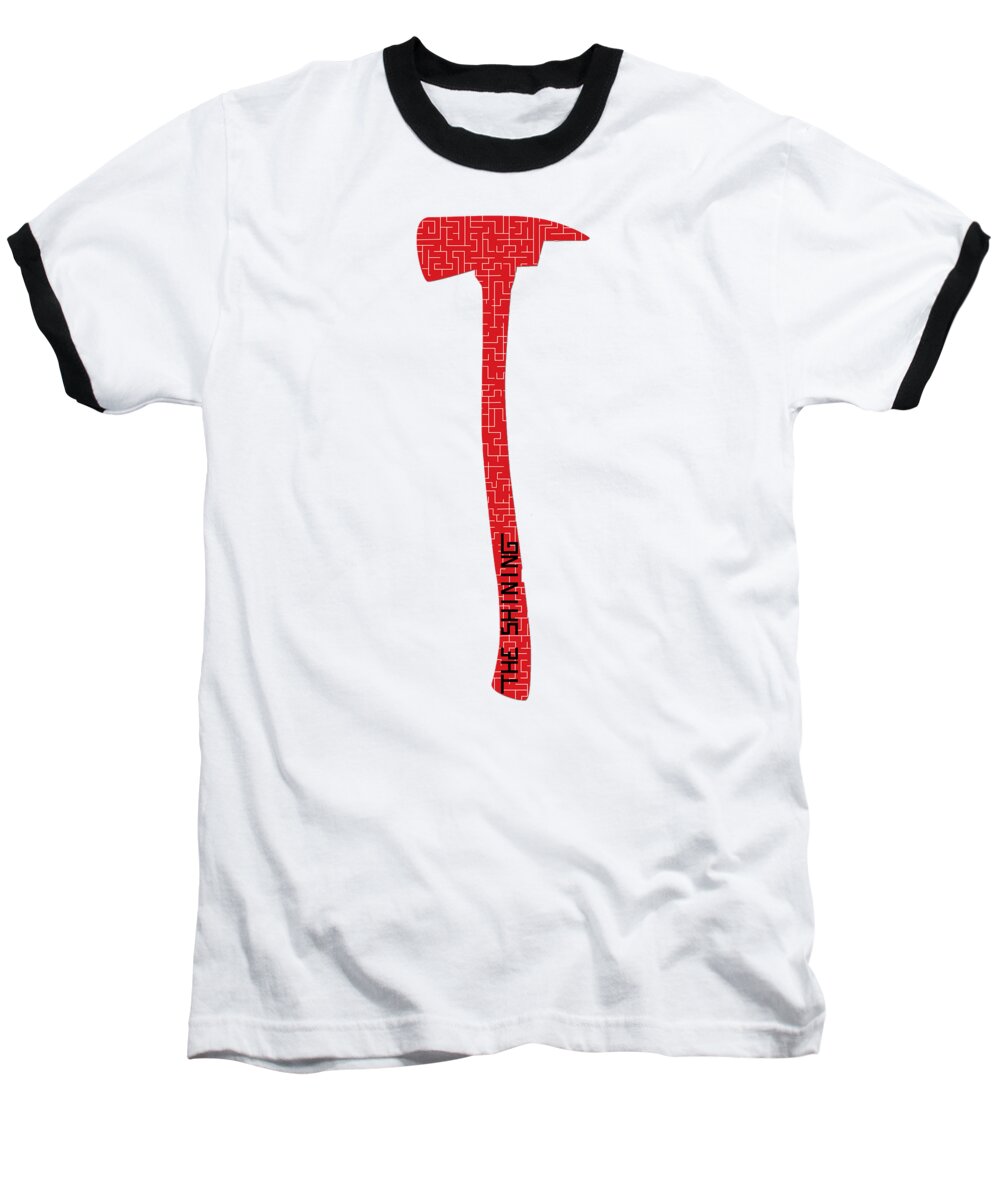 White baseball T-shirt with black raglan sleeves and red hammer graphic
