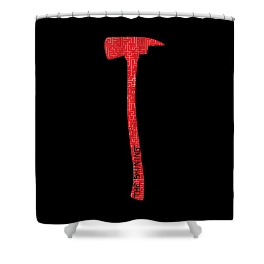 Black shower curtain with red geometric axe graphic