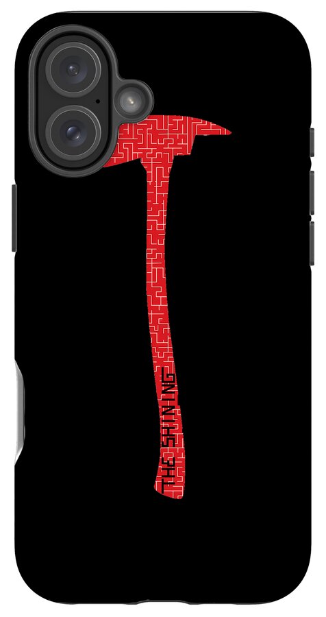Black phone case with red axe graphic and triple-lens camera cutout on top left