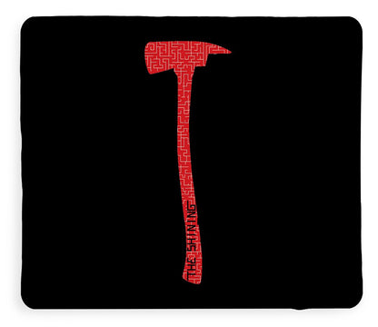 Dark blanket featuring a red axe head and handle graphic, centered