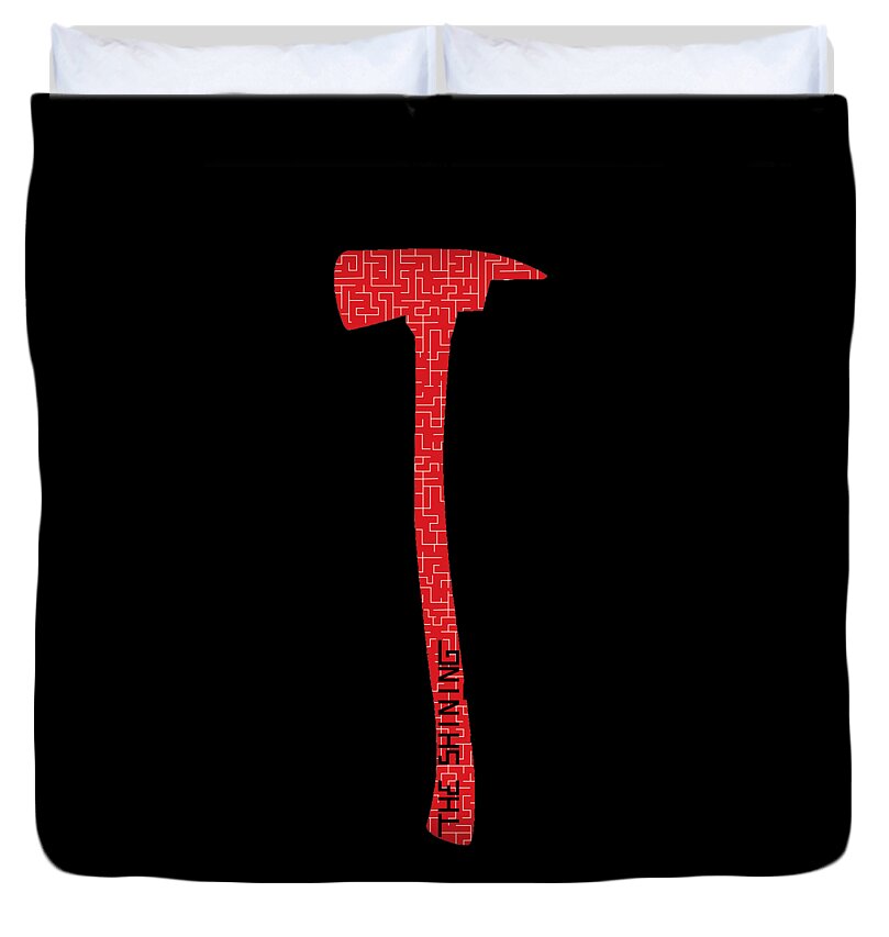 Black duvet cover with red axe symbol graphic centered