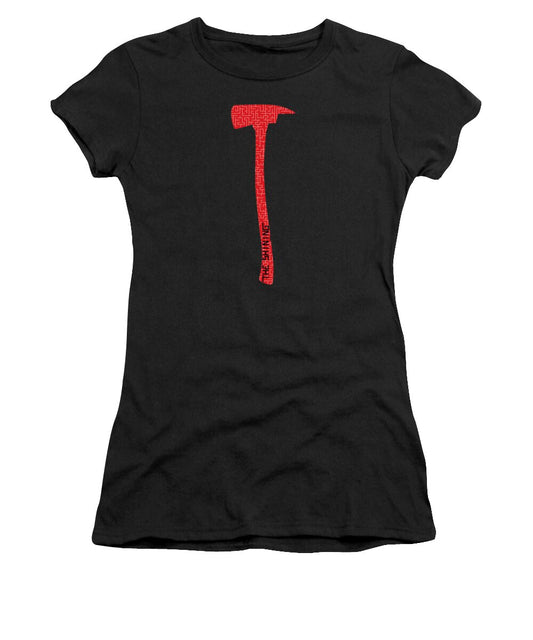 Women's black T-shirt with red hammer-style graphic on chest