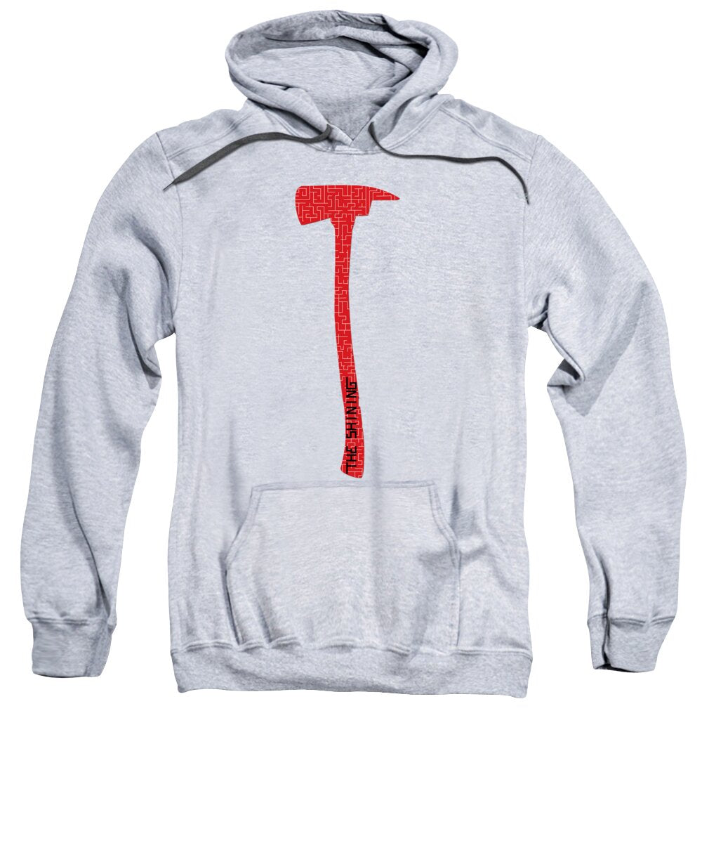 Heather gray hoodie sweatshirt with red axe graphic and front kangaroo pocket
