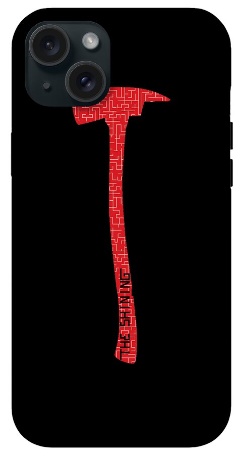 Black phone case with red axe head and vertical handle design and camera openings.