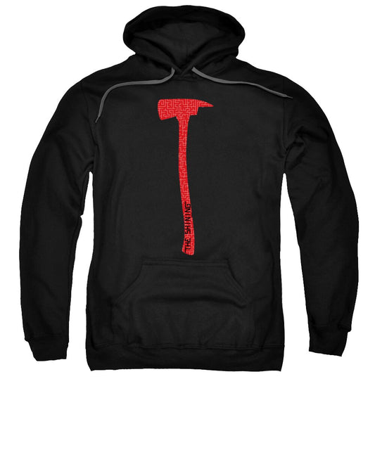 Black hoodie sweatshirt with red axe graphic and front kangaroo pocket