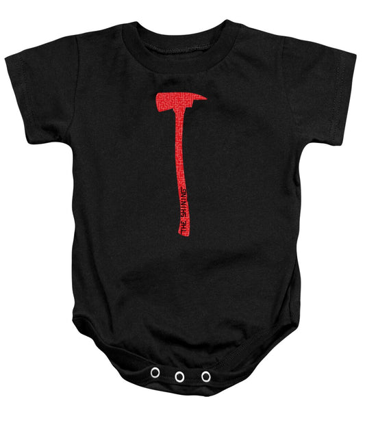 Black baby onesie with red axe graphic and snap-button leg closure