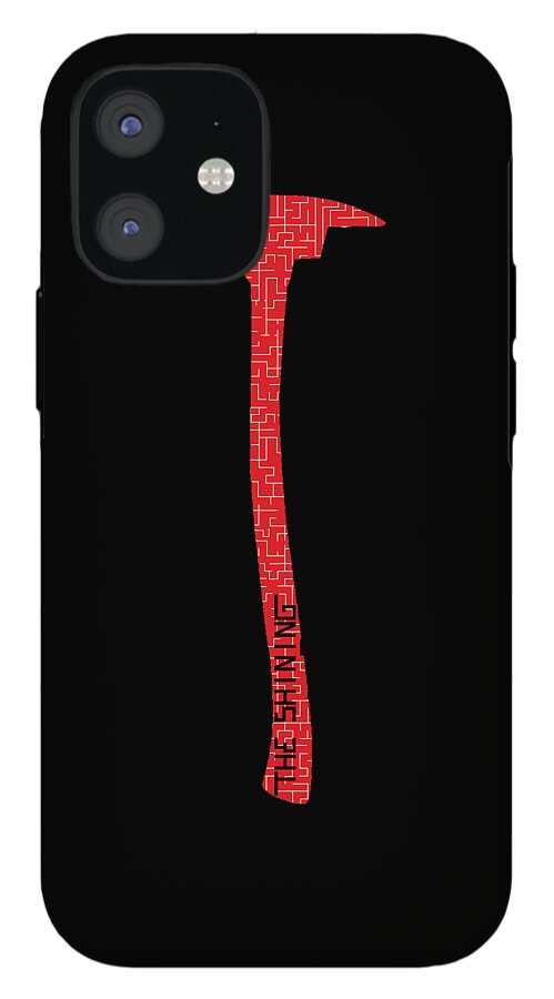Phone case with black back and red axe graphic; dual-camera cutouts