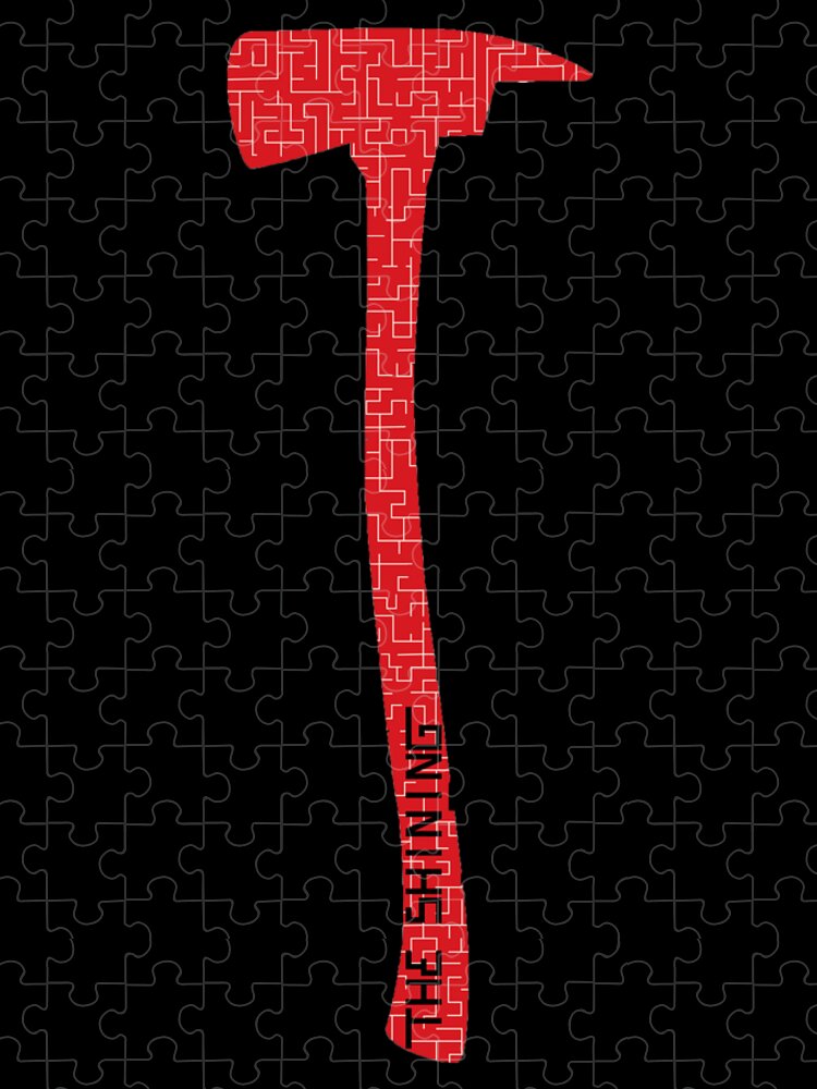 Red puzzle axe with patterned head and long handle, front view