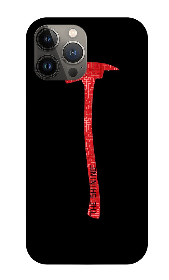 Phone case with black back and red axe graphic; gray camera panel visible