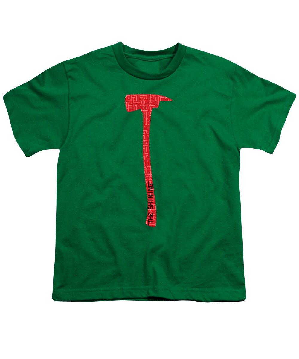 Green youth T-shirt with red axe graphic on center front