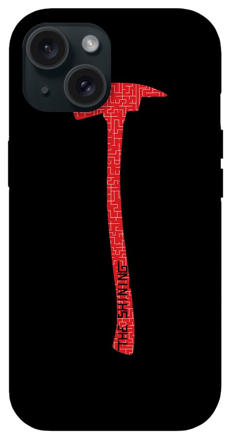 Black phone case with red axe graphic centered, showing camera cutouts on top left.