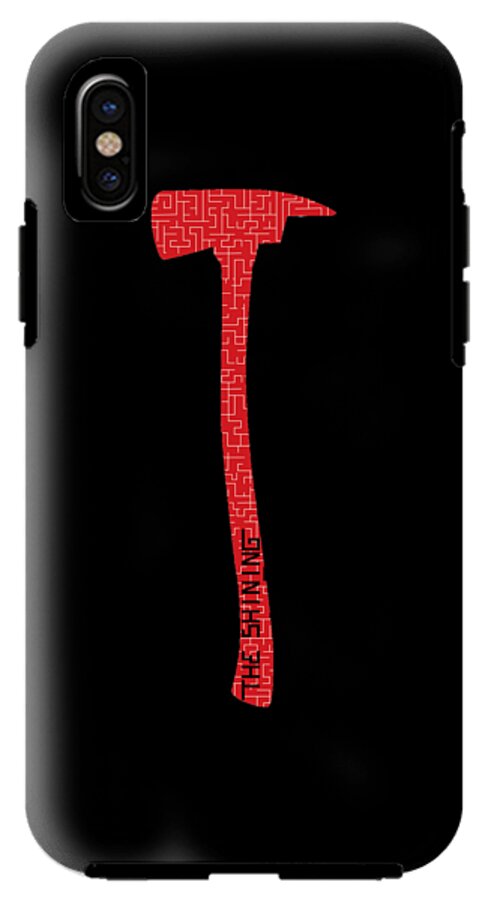 Black phone case with red axe graphic, camera module visible at top left