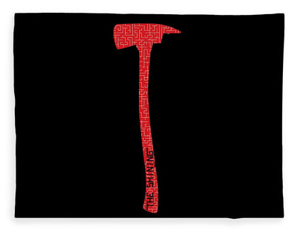 Dark blanket with a centered vertical red axe graphic, front view