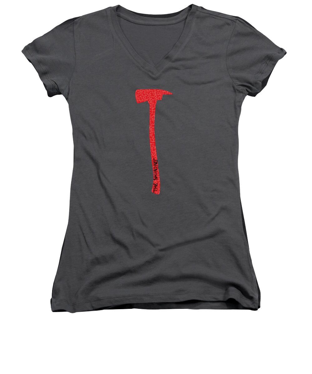 Women's V-neck T-shirt, dark gray with red axe graphic on front