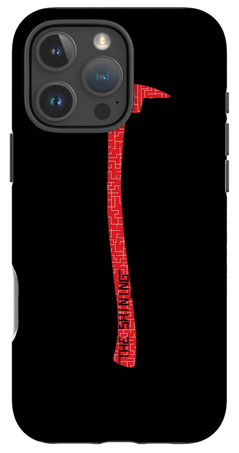 Black phone case with a red axe design across the back and camera openings.