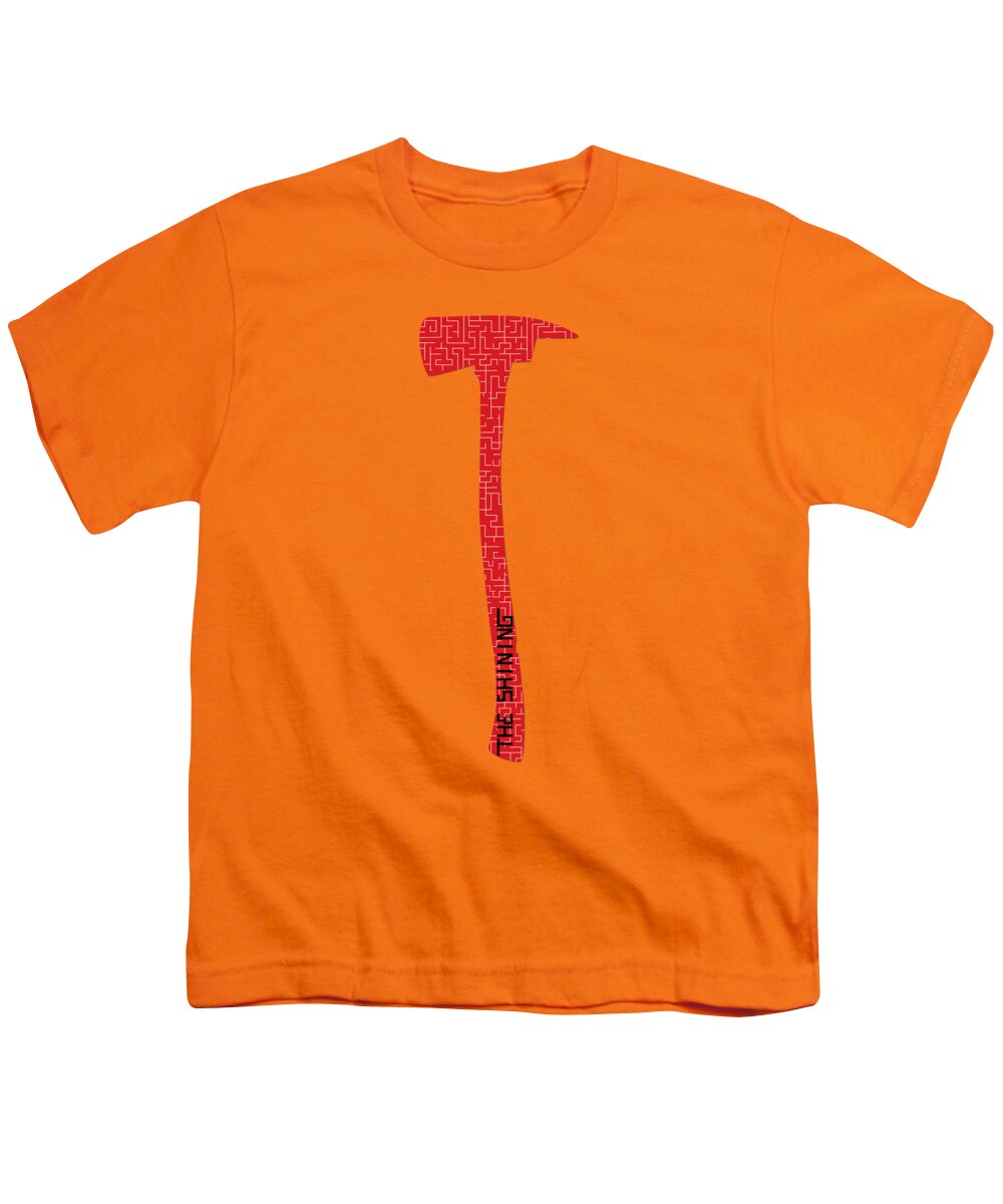 Orange youth t-shirt with red pixel-style axe graphic on chest