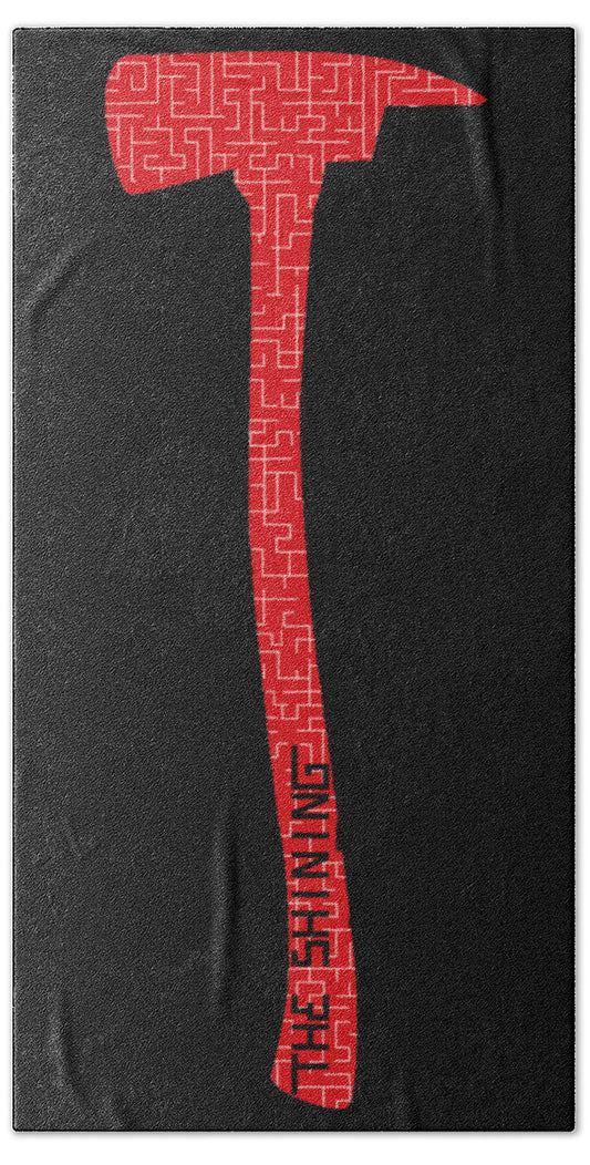 Bath towel with black fabric and red axe motif across center