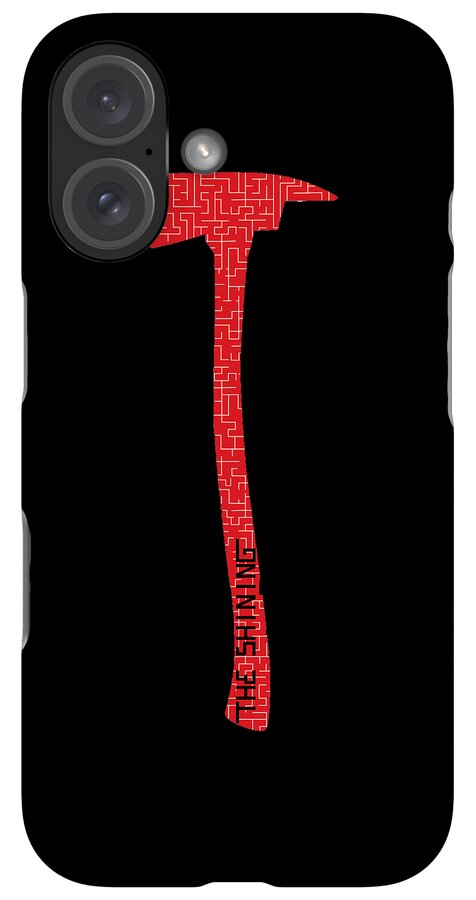 Black phone case with red axe graphic and dual-camera cutouts on top left