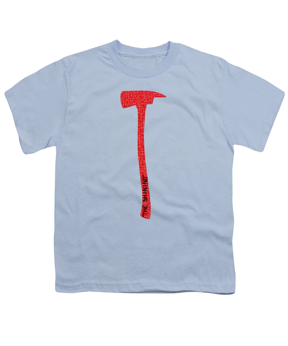 Light blue youth t-shirt with red pixel-style axe graphic on chest
