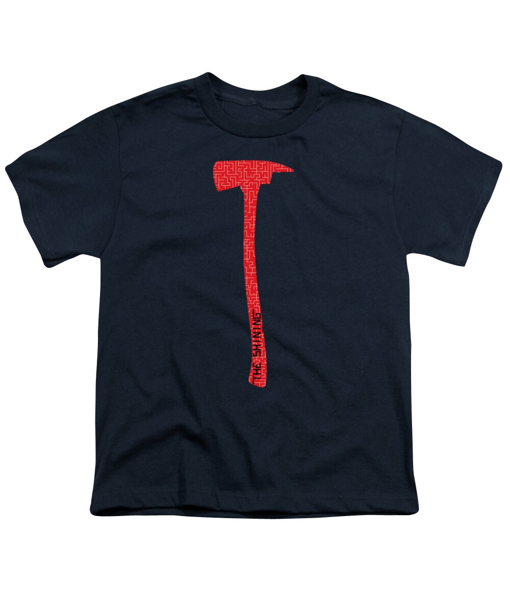 Black youth t-shirt with red pixel-style axe graphic on chest