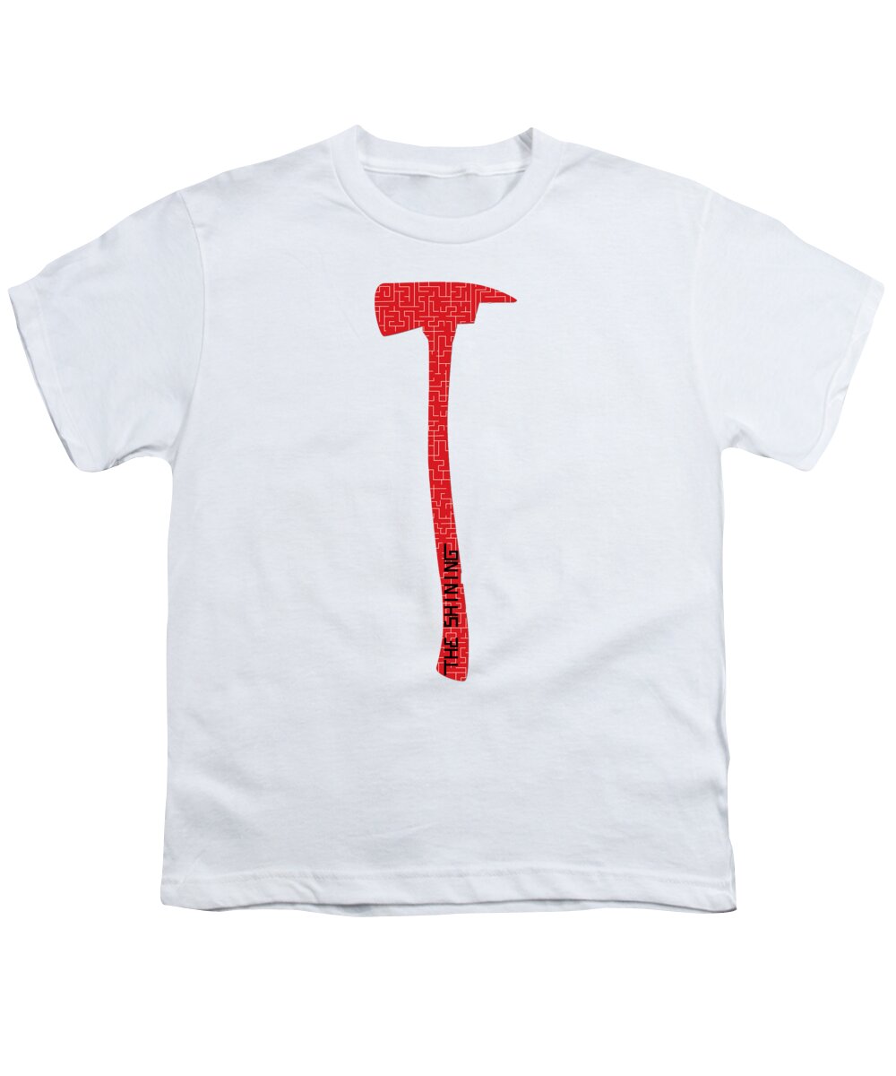 White youth t-shirt with red pixel-style axe graphic on chest