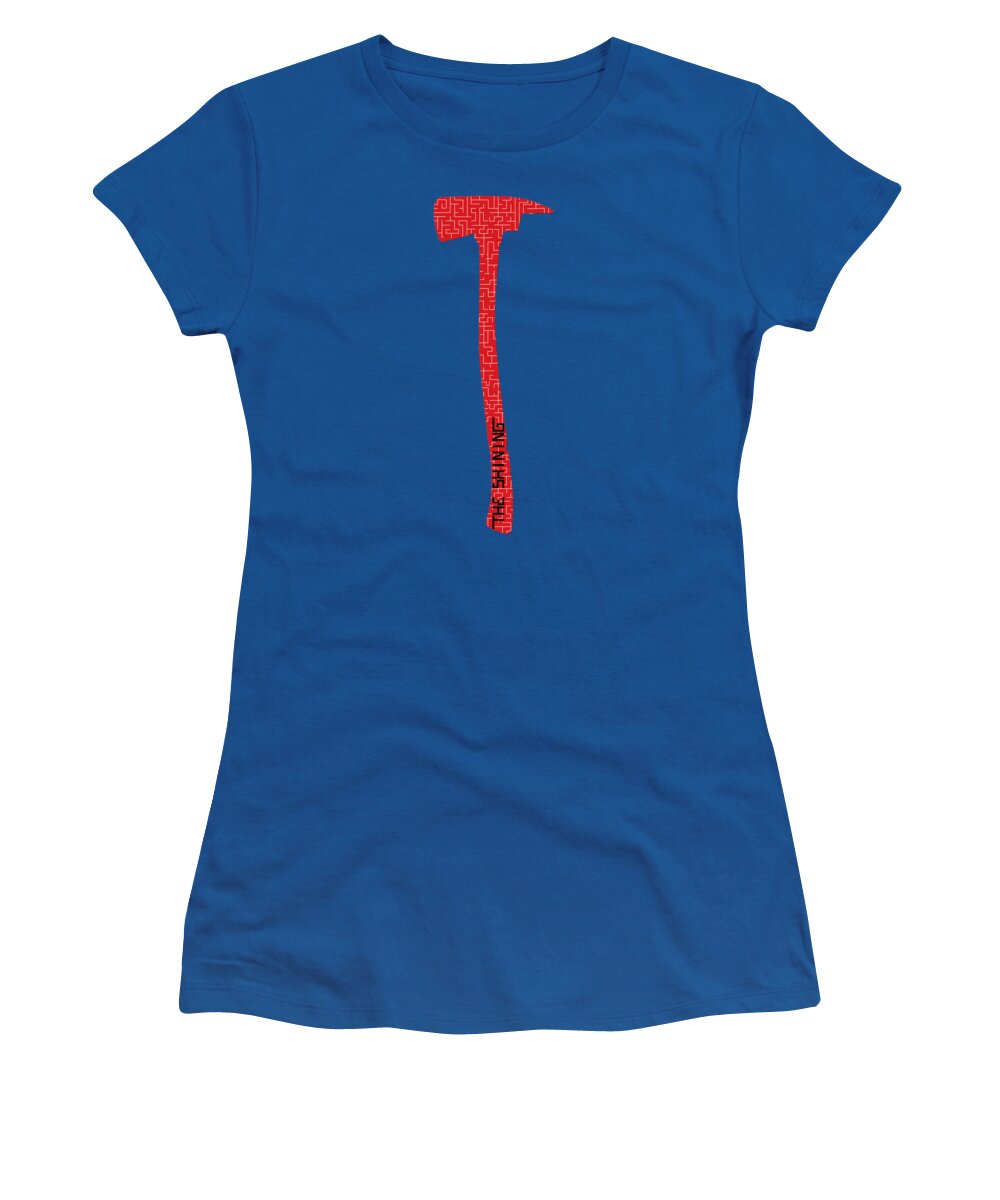 Women's royal blue T-shirt with red hammer-style graphic on chest