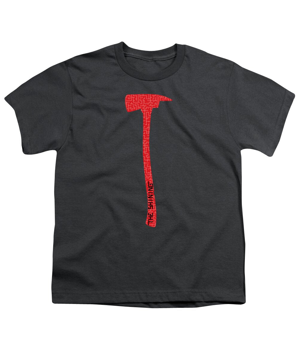 Charcoal youth T-shirt with red axe graphic on center front