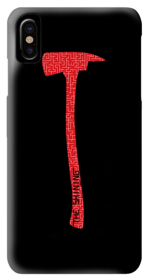 Black phone case with red axe artwork and camera module cutout, light gray edges