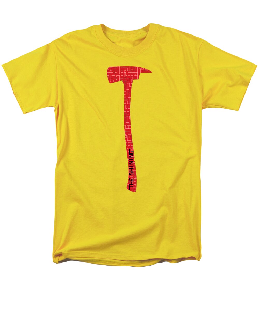 Men's yellow t-shirt with red hammer graphic on the front