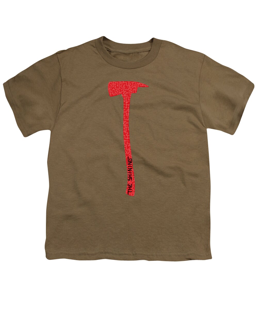 Brown youth t-shirt with red pixel-style axe graphic on chest
