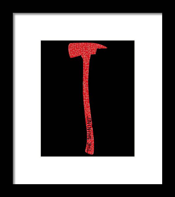Framed print with red patterned axe centered on black background, white border