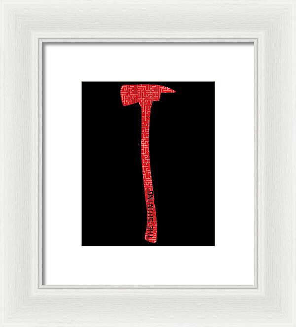 White framed print with red patterned axe on black square