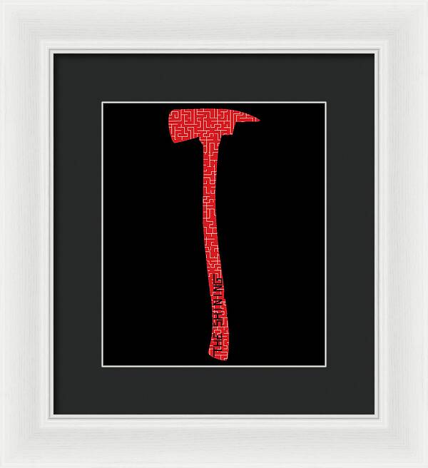 White framed print with black mat and red patterned axe on black square