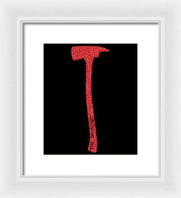 White framed print with red patterned axe on black background