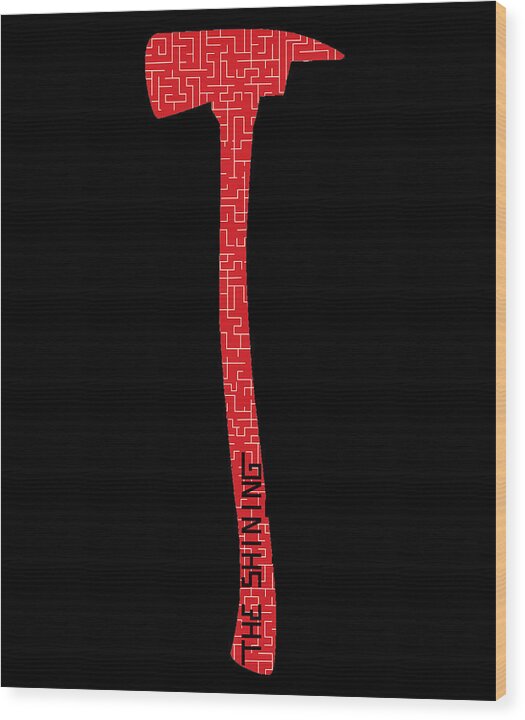 Wood wall print featuring a red geometric axe silhouette on a dark background