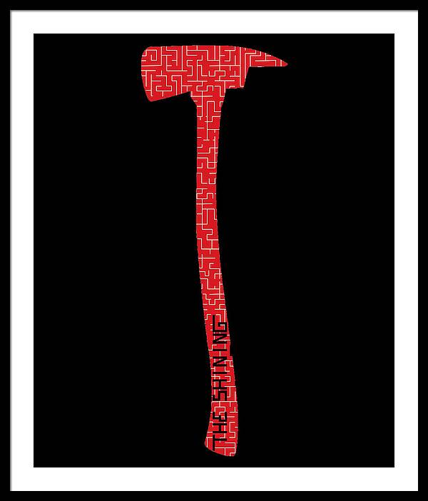 Framed print with red geometric axe silhouette on a black background, white frame