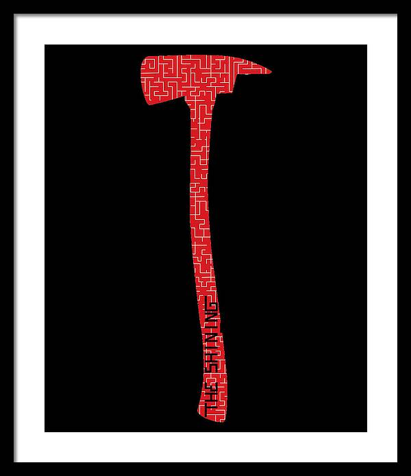 Framed print with red geometric axe on black background, black frame, white border