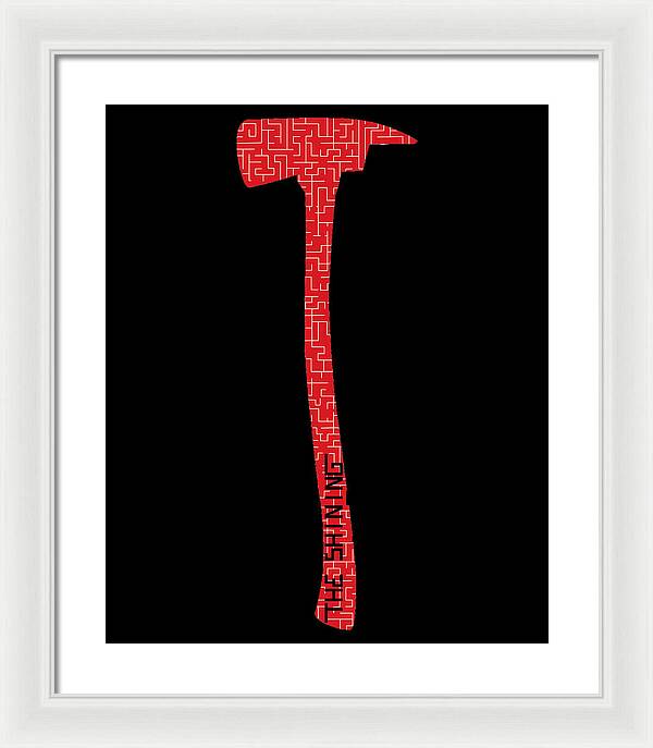 Framed print with red geometric axe on black background, white frame, black mat