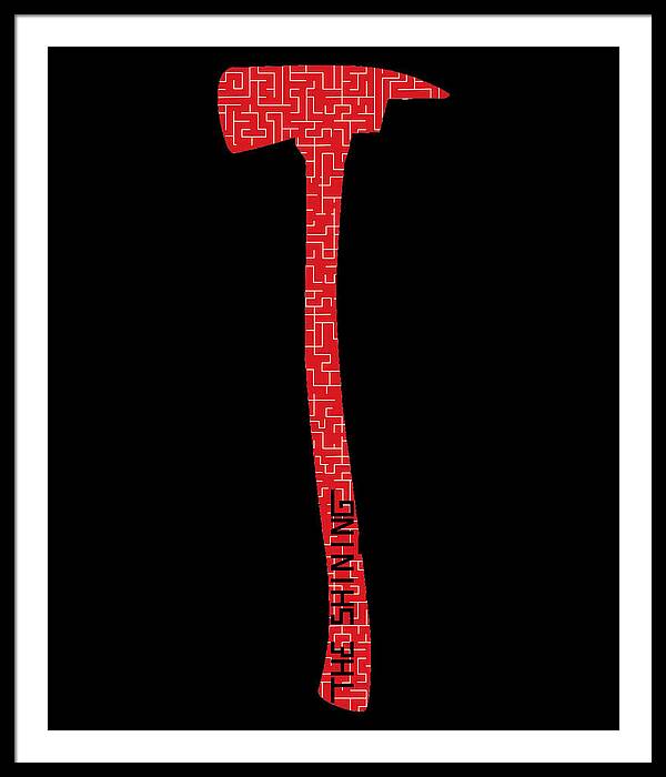 Framed print with red geometric axe silhouette on a black background, white frame