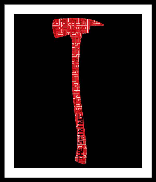 Framed print with red geometric axe silhouette on a black background, white frame