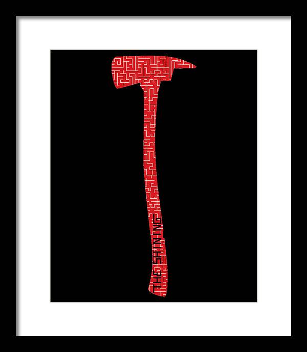 Framed print of red patterned axe silhouette on black, in a white frame with white mat.