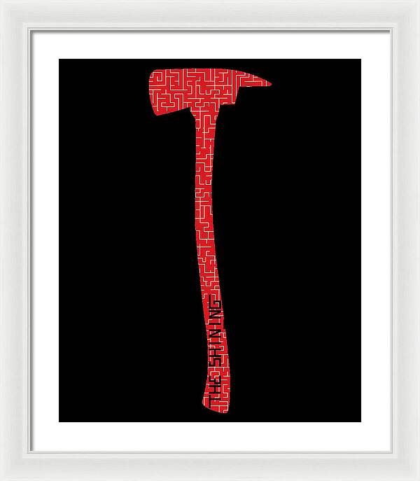 Framed print with red geometric axe silhouette on a black background, white frame
