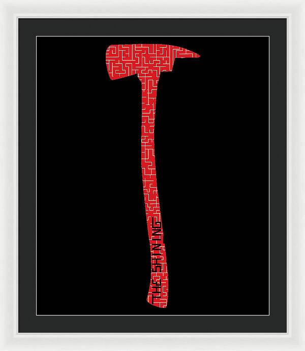 Framed print with red geometric axe silhouette on a black background, black frame